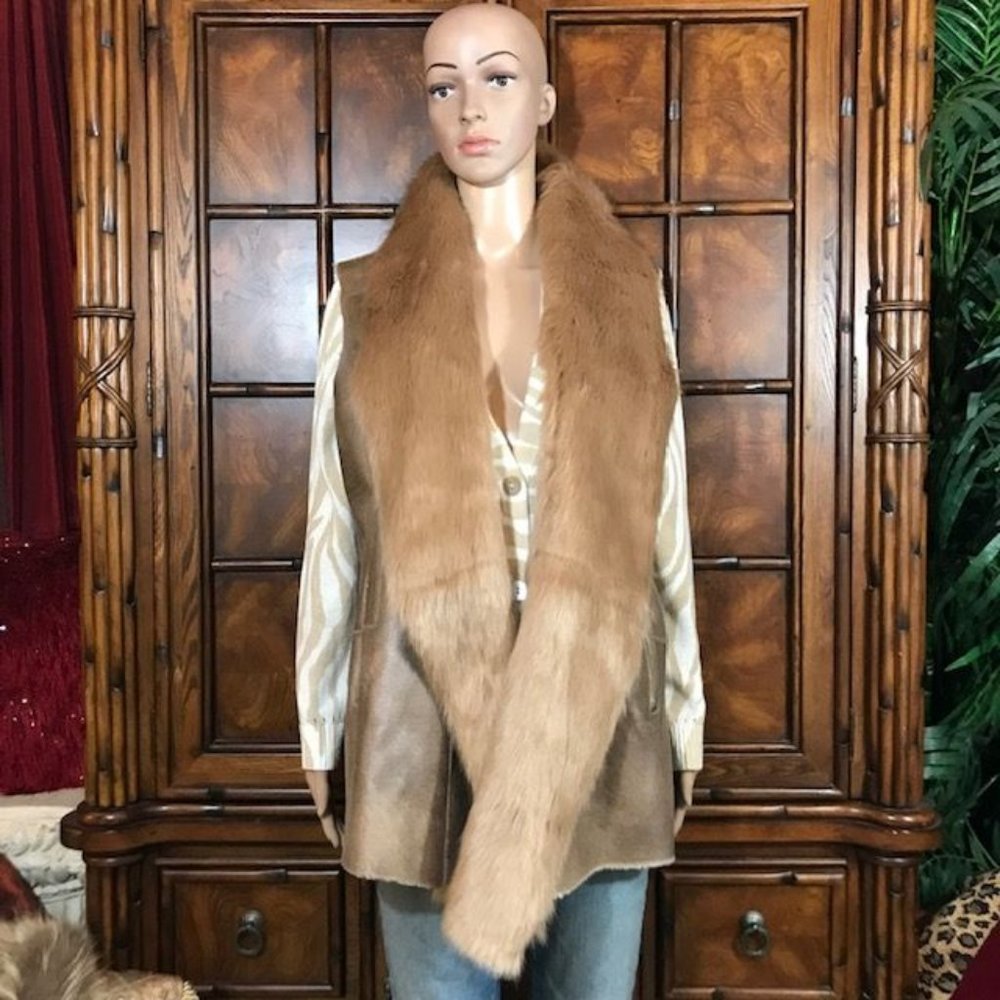 IMAN Golden Bronze Shimmer Faux Suede Faux Fur Vest